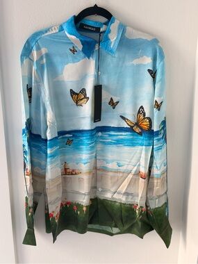Nahmias Blue Butterfly & Beach Button-Up Shirt